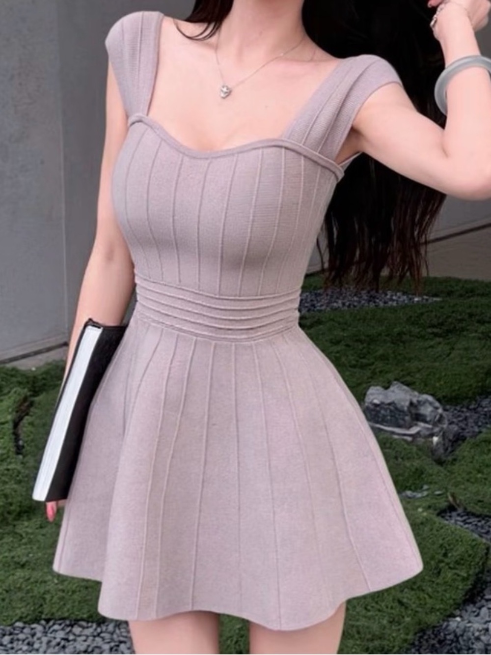 Sleeveless Knit Fit-and-Flare Dress in grey knit mini dress
